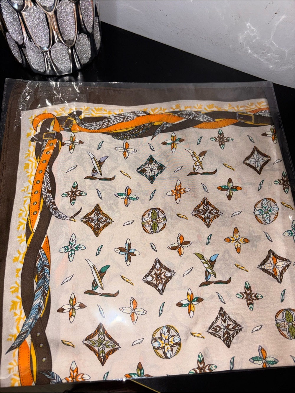 β¨ Designer Style Monogram Feather Strap Silk Square Scarf Cream β¨
